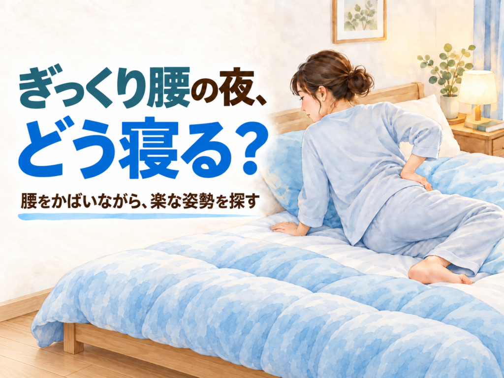 「ぎっくり腰の夜、どう寝る？」「腰をかばいながら、楽な姿勢を探す」と書かれた、ベッドの上で腰に手を当てて楽な姿勢を探す女性の水彩イラスト