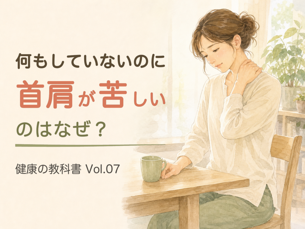 健康の教科書 Vol.07「何もしていないのに首肩が苦しいのはなぜ？」の表紙(イラスト)