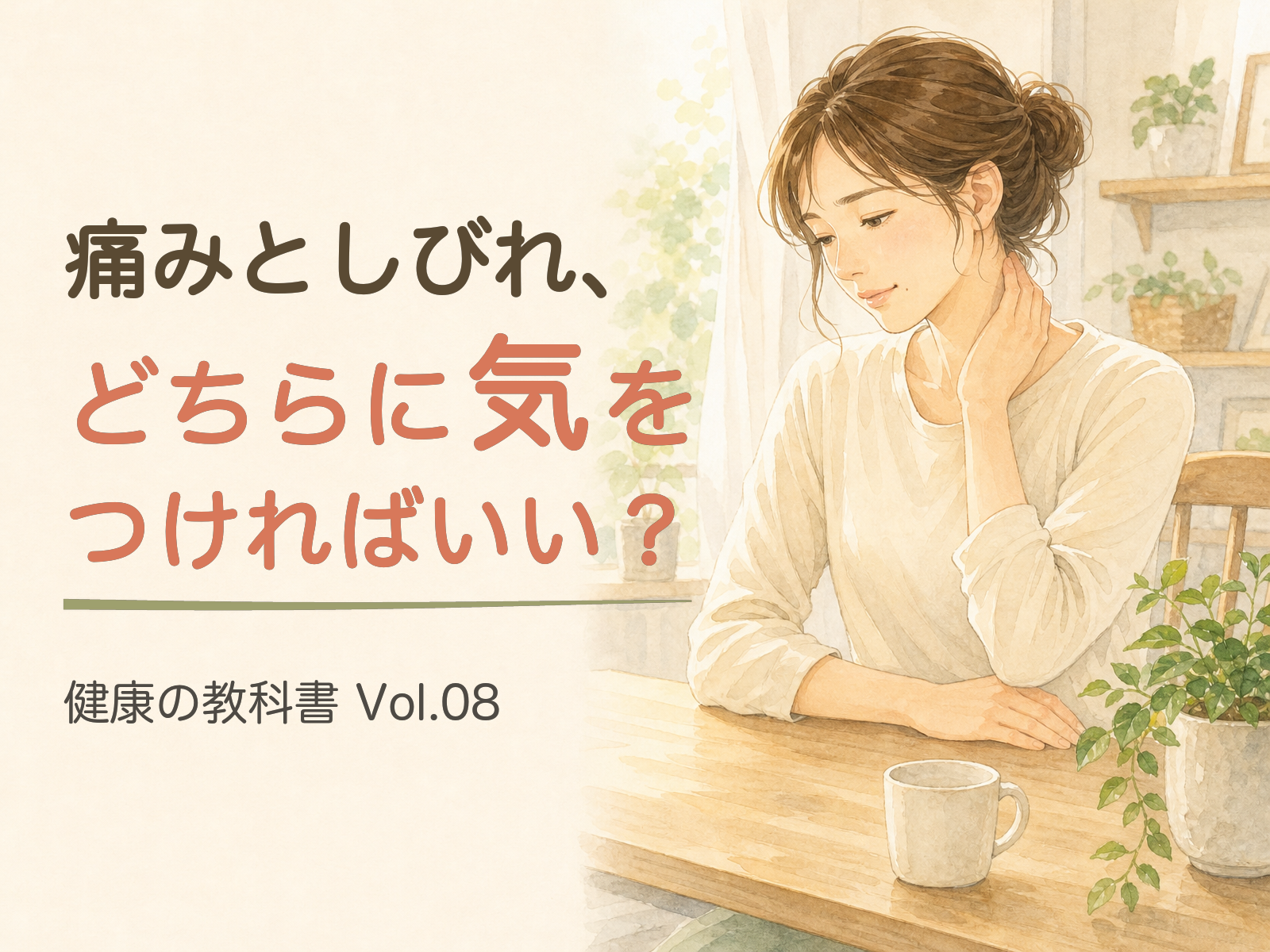 健康の教科書 Vol.08「痛みとしびれ、どちらに気をつければいい?」の表紙(イラスト)