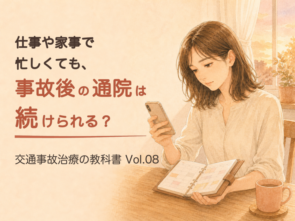 交通事故治療の教科書 Vol.08「仕事や家事で忙しくても、事故後の通院は続けられる？」の表紙(イラスト)