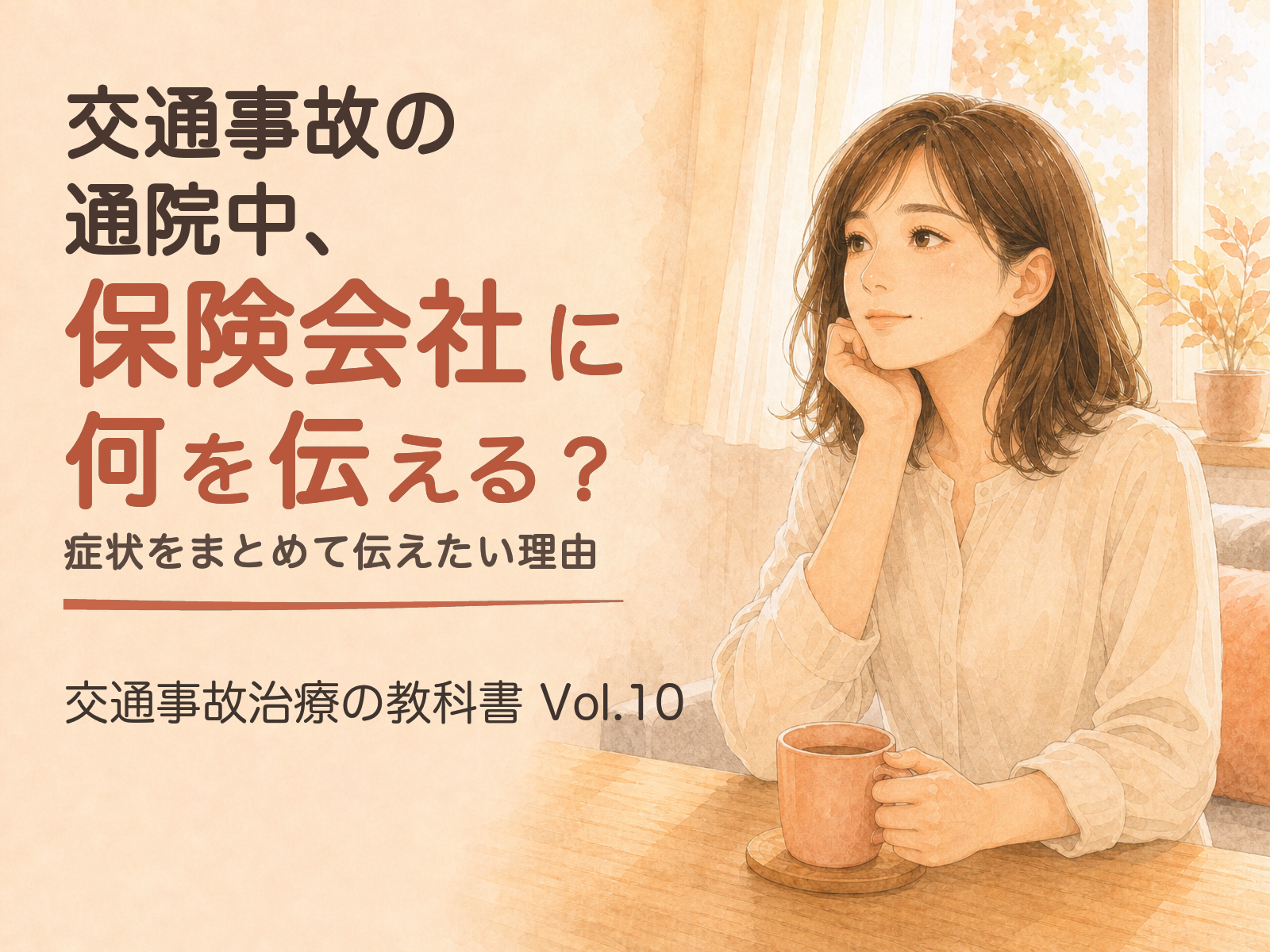 交通事故治療の教科書 Vol.10「交通事故の通院中、保険会社に何を伝える？」の表紙(イラスト)